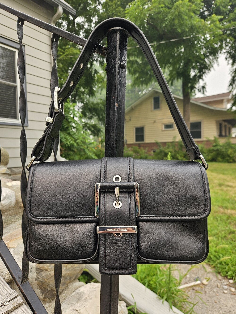 Michael Kors Black Colby Medium Leather Shoulder Bag Silver Hardware